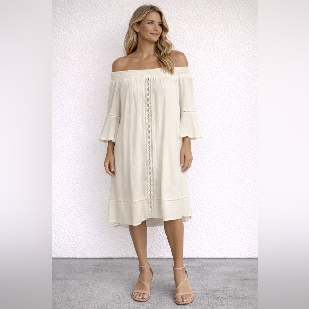 Romantic White Boho Flowy Dress Gauzy Beach Lace One-Shoulder Off-Shoulder XXL